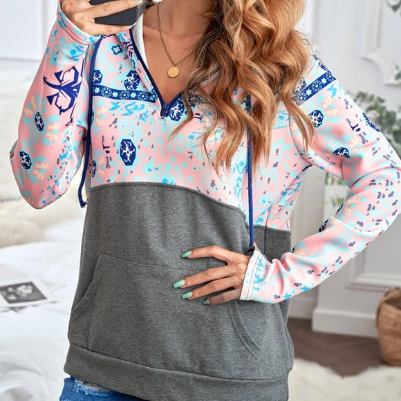 Gray Boho Print Color Block Patchwork Zip Collar Sweatshirt - Picture 2 of 12